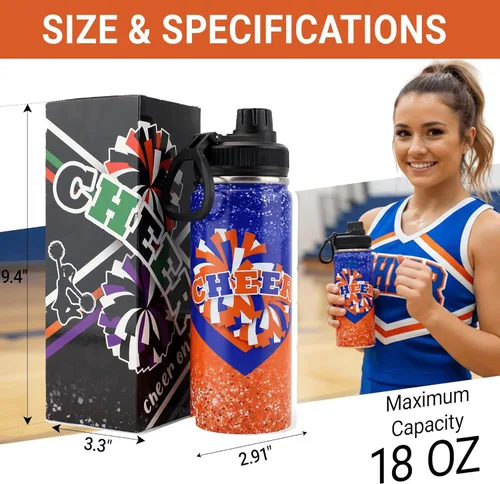 Miniatura 5 de Botella de agua Cheer de 18 onzas para niñas, botella deportiva de acero inoxidable aislada con asa, regalo de animadora a granel para regalos