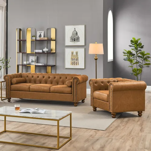Miniatura 5 de Sofá Air de cuero copetudo para sala de estar, sofá de 3 plazas con brazo enrollado con ribete de cabeza de clavo y 2 almohadas para el cuello, sofá
