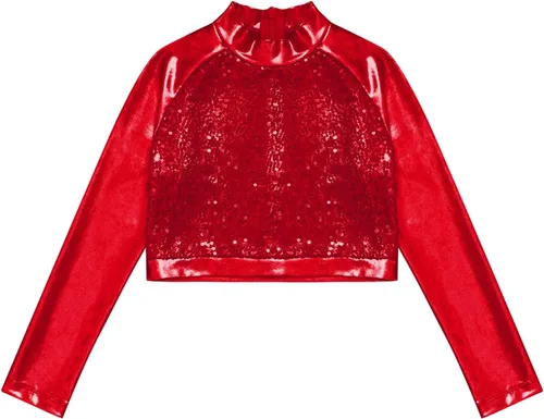 Miniatura 3 de JEATHA Camiseta corta de manga larga con lentejuelas brillantes para niños y niñas, con cuello alto falso, camisetas atléticas de jazz hip-hop