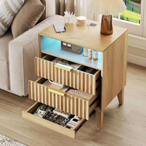 Miniatura 18 de LVSOMT Mesita de noche negra para dormitorio con estación de carga y luces LED, moderna mesita de noche con cajón oculto, mesita de noche