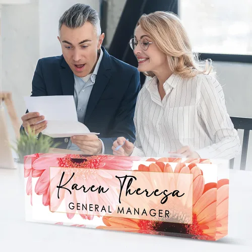 Miniatura 5 de Placa de nombre de oficina personalizada, regalos personalizados para mujeres y empleados, accesorio de escritorio de oficina (Tulipán Rosa)