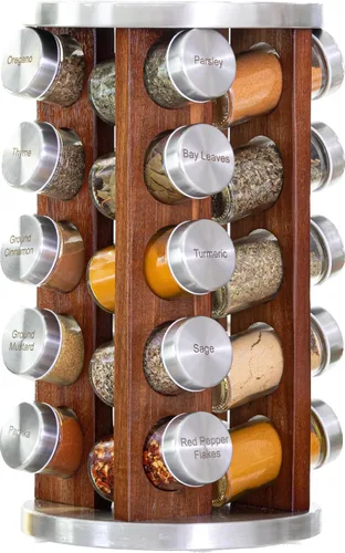 Orii Repisa para 20 tarros de madera de acacia oscura con especias incluidas - Organizador giratorio en torre para especias y condimentos de cocina,