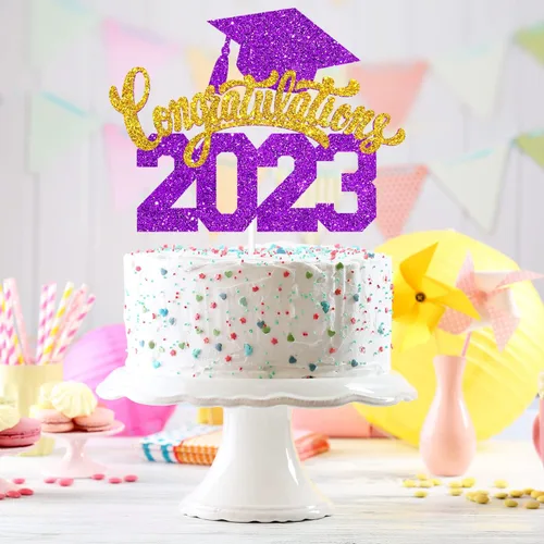 Miniatura 2 de Felicitaciones 2023 - Decoración para pastel de graduación 2023, suministros de pastel de purpurina morada para fiesta de graduación, decoración