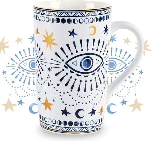 NymphFable Taza de café de cerámica de 18 onzas con diseño de ojos bohemios con asa, taza de té personalizada con patrón de horneado grande