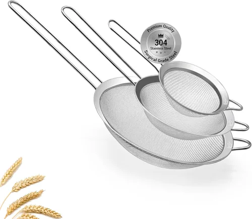 Juego de 3 coladores de malla fina con mango para cocina, tamaños de 7 pulgadas, 4.7 pulgadas, 3.3 pulgadas, acero inoxidable 304 fácil de limpiar,