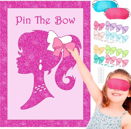 Decoración de suministros de fiesta de niña rosa, linda princesa con lazo en la cabeza, póster grande con 24 calcomanías de lazo para fiestas de