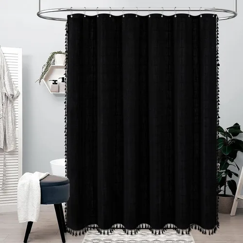 Miniatura 6 de BTTN - Cortina de ducha negra estilo bohemio/campestre, de lino rústico, de tela resistente, juego de cortinas con borlas, repelente al agua, Negro