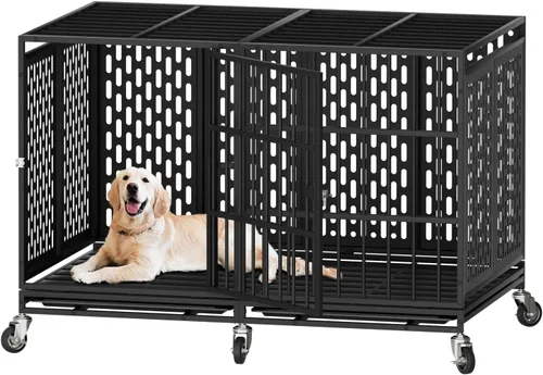 Miniatura 10 de Snuowu Jaula para perros de 48 pulgadas de servicio pesado con ruedas, jaula plegable de metal para perros grandes y medianos, jaula para perros