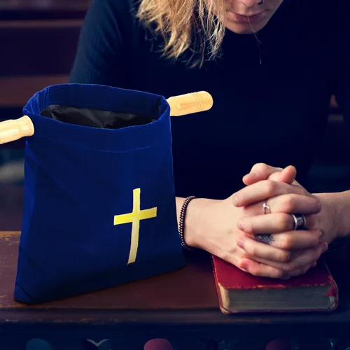 Miniatura 7 de Abbylike Bolsa de terciopelo para ofrendas de iglesia con asas de madera, bolsa de ofrenda religiosa de 10 pulgadas, bolsa de colección de iglesias