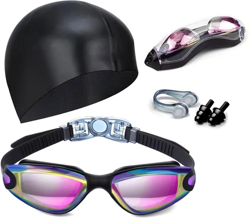 Miniatura 15 de Gafas de natación sin fugas con clip de nariz, tapones para los oídos, gorro de natación y funda para hombres y mujeres Negro