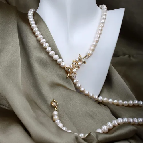 Miniatura 7 de Jirehjill Pearl Necklace for Women, 30 inches Pearl Necklace Made of 7.0-8.0mm AAA+ Freshwater White Pearls, Handmade 18K Gold Plated Inlaid Pearl