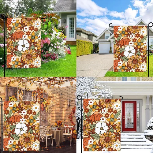 Miniatura 6 de Bandera de jardín floral retro de los años 70 de 12 x 18 pulgadas, bandera decorativa de primavera, pequeña, vertical, de doble cara, decoración