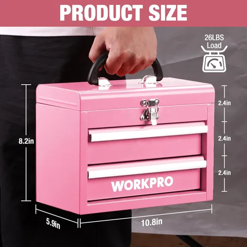 Miniatura 2 de WORKPRO Mini caja de herramientas portátil, caja de herramientas de metal con 2 cajones con deslizadores de rodamientos de bolas, almacenamiento Rosa