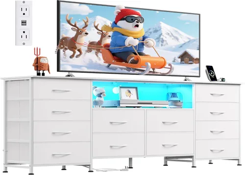 Miniatura 13 de WLIVE Soporte de TV de 75.5 pulgadas para TV de 65, 75, 80, 85 pulgadas, cómoda para dormitorio con tomas de corriente y luces LED, cómoda de tela