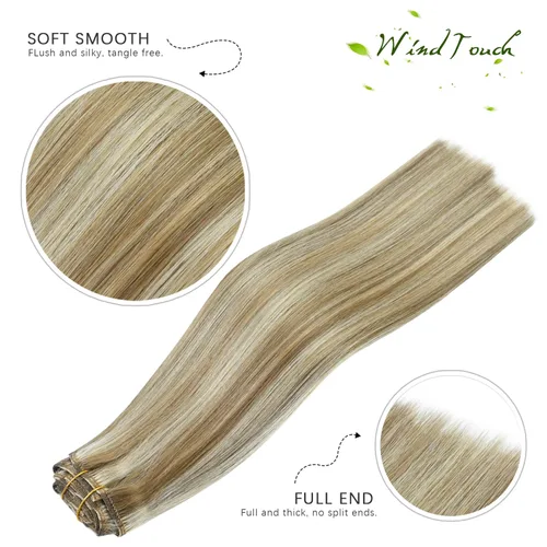 Miniatura 2 de WindTouch - Extensiones de cabello humano con pinzas, color rubio decolorado combinado, para cabello rubio, 2.47 onzas, N.° 18P613, 12 pulgadas, 7