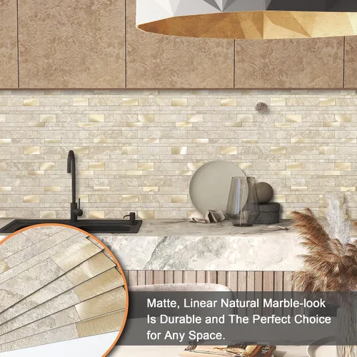 Miniatura 4 de VAOVI Azulejos autoadhesivos para salpicaduras de cocina, azulejos estilo metro lineal de mosaico de piedra para baño, pared de ducha impermeable