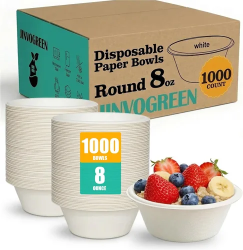 JINVOGREEN 1000 cuencos de papel de 8 onzas, cuencos desechables compostables a granel, cuenco de bagazo biodegradable resistente para aperitivos,