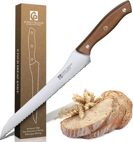 Miniatura 18 de Juego de 4 cuchillos de carne serrados de Purple Dragon de acero alemán de alto carbono con mango cuadrado de madera - Corte sin esfuerzo - Regalo