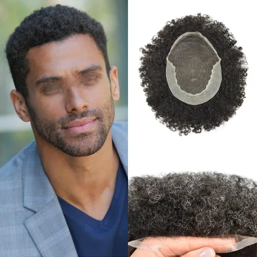 Miniatura 14 de Afro Toupee para hombres negros, encaje frontal brasileño humano brasileño para hombre, sistema de reemplazo de tupé, cabello rizado afro