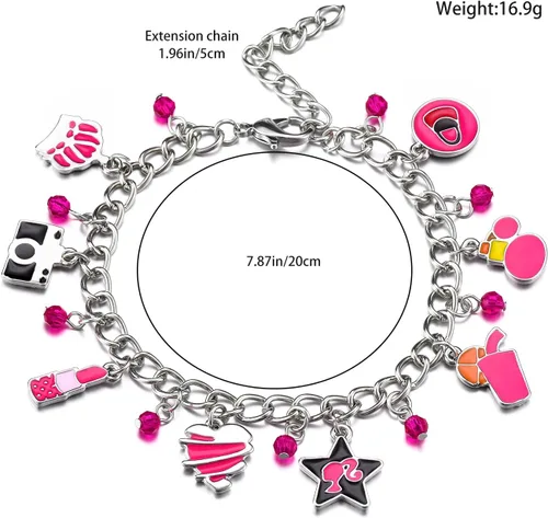 Miniatura 6 de Pulsera de película rosa para niña, accesorios de pulsera con dijes rosados para mujeres y niñas, joyería para regalo de disfraz, Metal, cristal