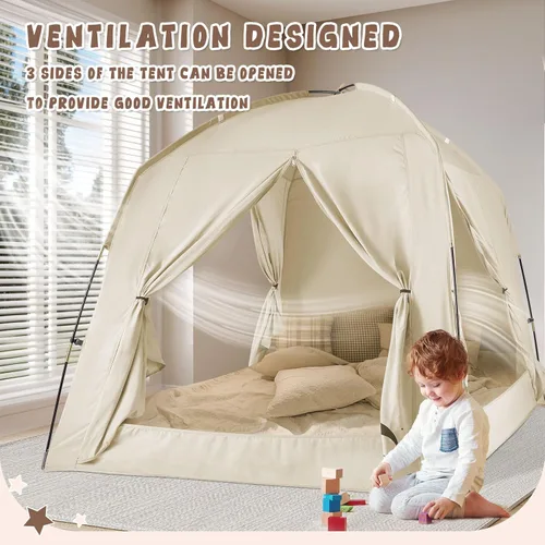 Miniatura 4 de Tiendas de cama para niños y adultos, portátil, 100% transpirable y 85% opaca, tienda de juegos y sueños para niños pequeños, 3 puertas gran espacio