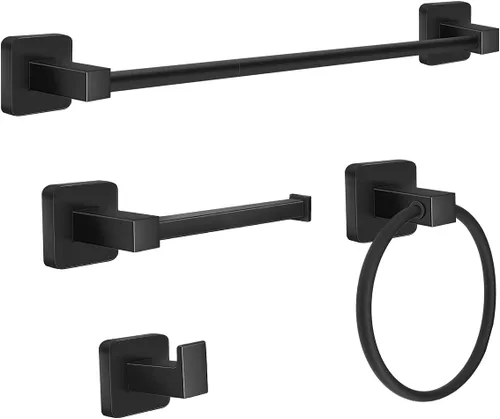 Juego de accesorios de baño de 4 piezas, juego de toallero de acero inoxidable negro mate, incluye barra de toalla de 20 pulgadas, anillo de toalla,