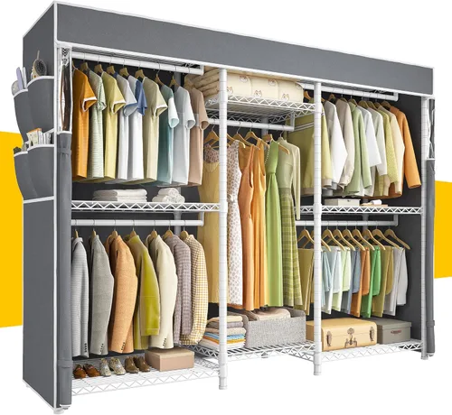 Miniatura 12 de Raybee Perchero de ropa con cubierta, perchereros para colgar ropa resistente, armario portátil con estantes, ajustable, carga de 905 LBS, negro