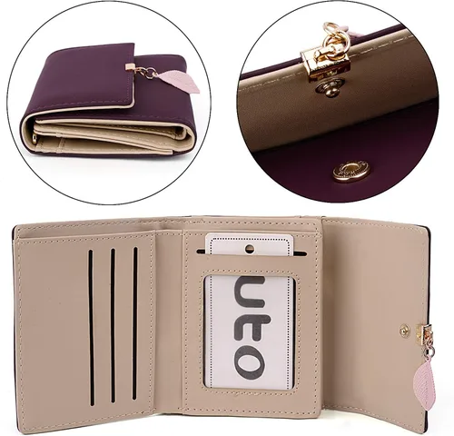 Miniatura 5 de UTO - Cartera pequeña RFID de piel sintética con dije de hoja, cierre de cremallera y tarjetero.