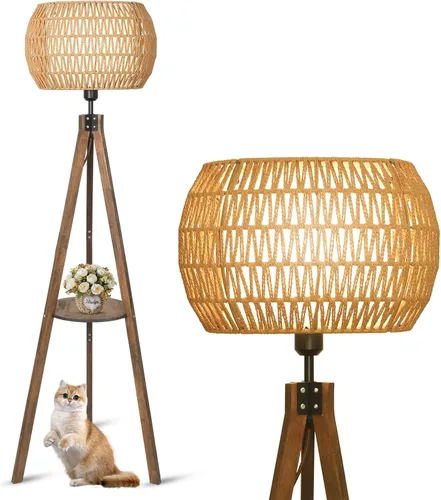 Miniatura 10 de LAMSU Lámpara de pie con trípode bohemio con estantes, lámpara de pie de madera de mediados de siglo con pantallas de ratán y tela, interruptor