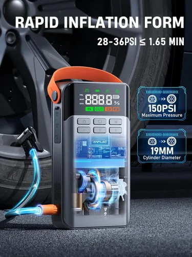 Miniatura 3 de Arrancador de coche 8 en 1 con compresor de aire, pico de 5500 A, inflador de neumáticos de 150 PSI, banco de energía portátil de 12 V, pantalla LCD