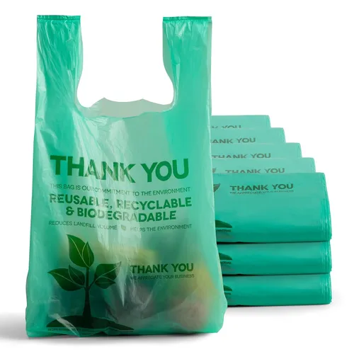 Miniatura 9 de FMP Brands Bolsas de plástico biodegradables ecológicas – 100 unidades con asas, bolsas de compras para camisetas de agradecimiento a granel