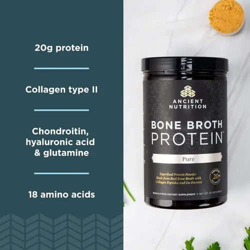 Miniatura 4 de Ancient Nutrition Polvo de proteína de caldo de hueso, puro, 20 porciones + polvo de proteína de caldo de hueso, chocolate, 20 porciones