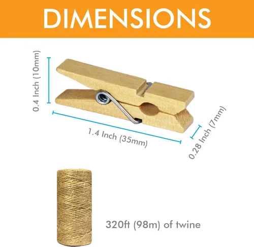 Miniatura 3 de Mini pinzas de madera natural con cordel de yute, 100 unidades, 1.4 pulgadas, clips para manualidades con cordel natural de 320 pies para álbumes