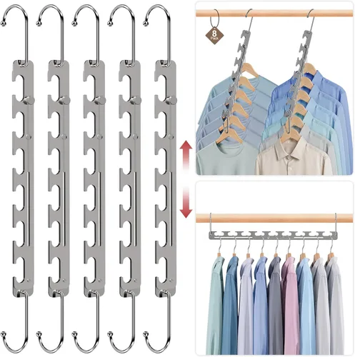 Miniatura 11 de Paquete de 12 perchas que ahorran espacio para ropa, de 6 a 9 agujeros, expandibles, de metal resistente, capacidad de 80 libras, colgador