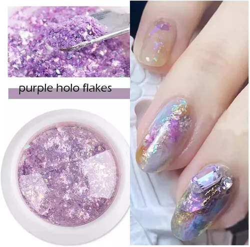 Miniatura 2 de 4 cajas de uñas en polvo holográfico con purpurina en polvo de ópalo cromado, escamas irregulares brillantes de sirena, lentejuelas rosa y morado