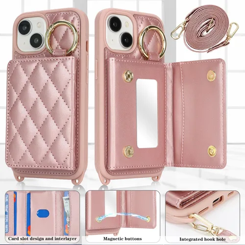 Miniatura 2 de Funda para iPhone 14 con tarjetero y correa para mujer, cordón cruzado, espejo de maquillaje, soporte de anillo, cierre a presión, bonitas fundas