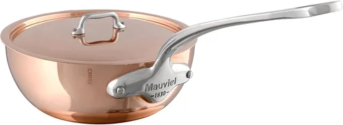 Mauviel M'Heritage 150 S - Sartén de chef de cobre pulido y acero inoxidable de 0.069 pulgadas con tapa y mango de acero inoxidable fundido, 2.1