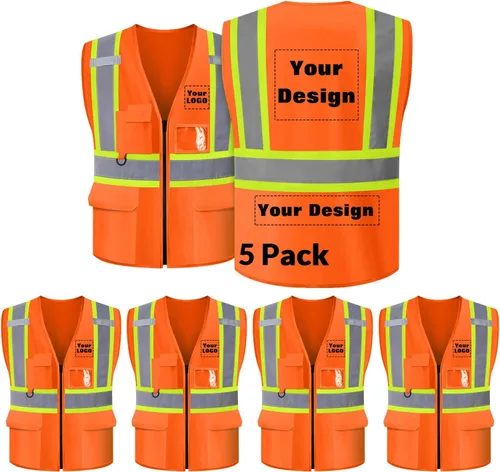 Miniatura 39 de Chaleco de seguridad personalizable con logotipo con 5 bolsillos y cremallera reflectante de alta visibilidad clase 2 ropa de trabajo al aire libre