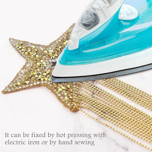 Miniatura 3 de 6 parches para planchar con diamantes de imitación para ropa, diamantes de imitación dorados brillantes con borlas y cadenas, parches de lentejuelas