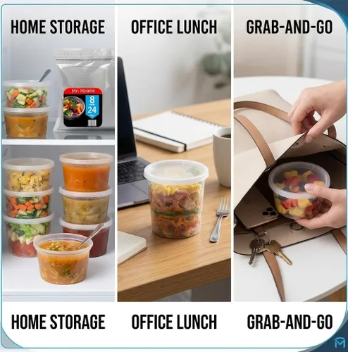 Miniatura 6 de Mr Miracle Recipientes de 8 onzas con tapas, paquete de 48 unidades de plástico transparente hermético, reutilizable, para alimentos y multiusos