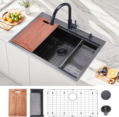 Miniatura 12 de Estación de trabajo de fregadero de cocina negro de 21x20 pulgadas - VAPSINT Fregadero de barra de 21 pulgadas de montaje superior en color negro