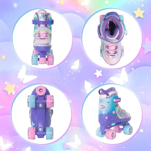 Miniatura 4 de Nattork Patines de Ruedas para Niñas y Niños, Patines Cuádruples de 4 Tamaños Ajustables con Diseño de Mariposa y Flor con Todas las Ruedas