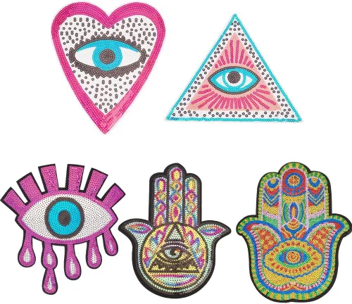 INFUNLY 5 parches de lentejuelas de ojo malvado de 9.8 x 8.2 pulgadas, palma, corazón de mal de ojos, apliques para planchar con bordado colorido,