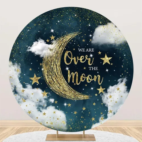 Laeacco Telón de fondo redondo de 3 x 3 pies con texto en inglés «We are Over The Moon» para baby shower, noche estrellada, purpurina dorada, luna,
