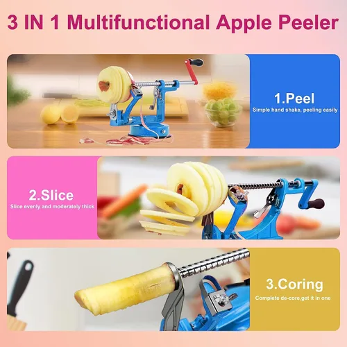 Miniatura 3 de Pelador de manzanas, rebanador descorazonador peladores de patatas 3 en 1, acero inoxidable resistente con base de ventosa y 3 cuchillas adicionales