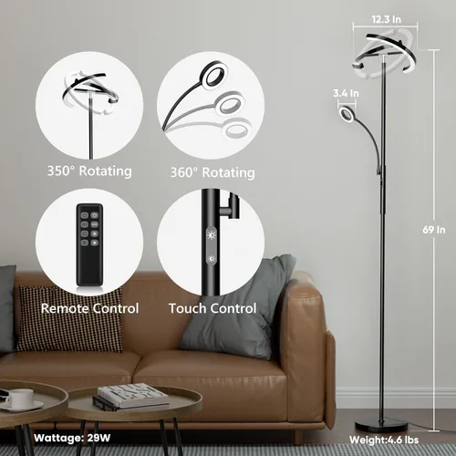 Miniatura 2 de SIBRILLE Lámpara de pie LED para sala de estar - Lámpara de pie moderna con luz de lectura, control táctil remoto, luz de pie regulable Negro