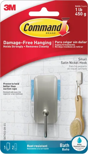 Command BATH33-SN-ES gancho pequeño para baño de níquel satinado, 1 gancho dos tiras resistentes al agua pequeñas, Plateado, BATH33-SN-ES