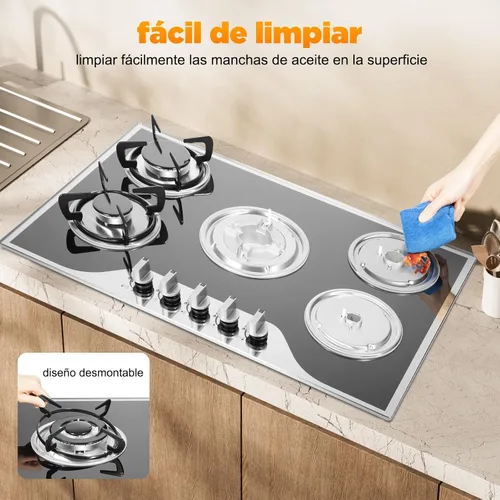 Miniatura 5 de Estufa de gas de 5 quemadores, encimera de acero inoxidable integrada de 30 pulgadas, encimera de acero inoxidable integrada con protección