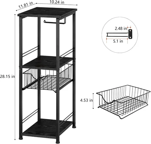 Miniatura 3 de OYEAL Armario de almacenamiento de papel higiénico negro pequeño estante lateral de baño con cajón estrecho gabinete de almacenamiento de toallas