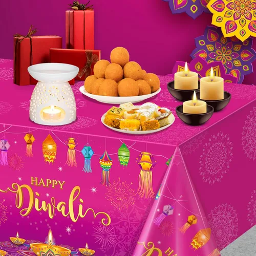 Miniatura 5 de Paquete de 3 manteles desechables Happy Diwali, mantel de plástico para mesas rectangulares, mantel Diwali para decoración india de Diwali